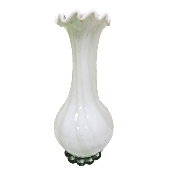 Vintage Light Green Frosted Glass Vase With Ruffled Rim And Scalloped Edge 12" - Picture 1 of 4